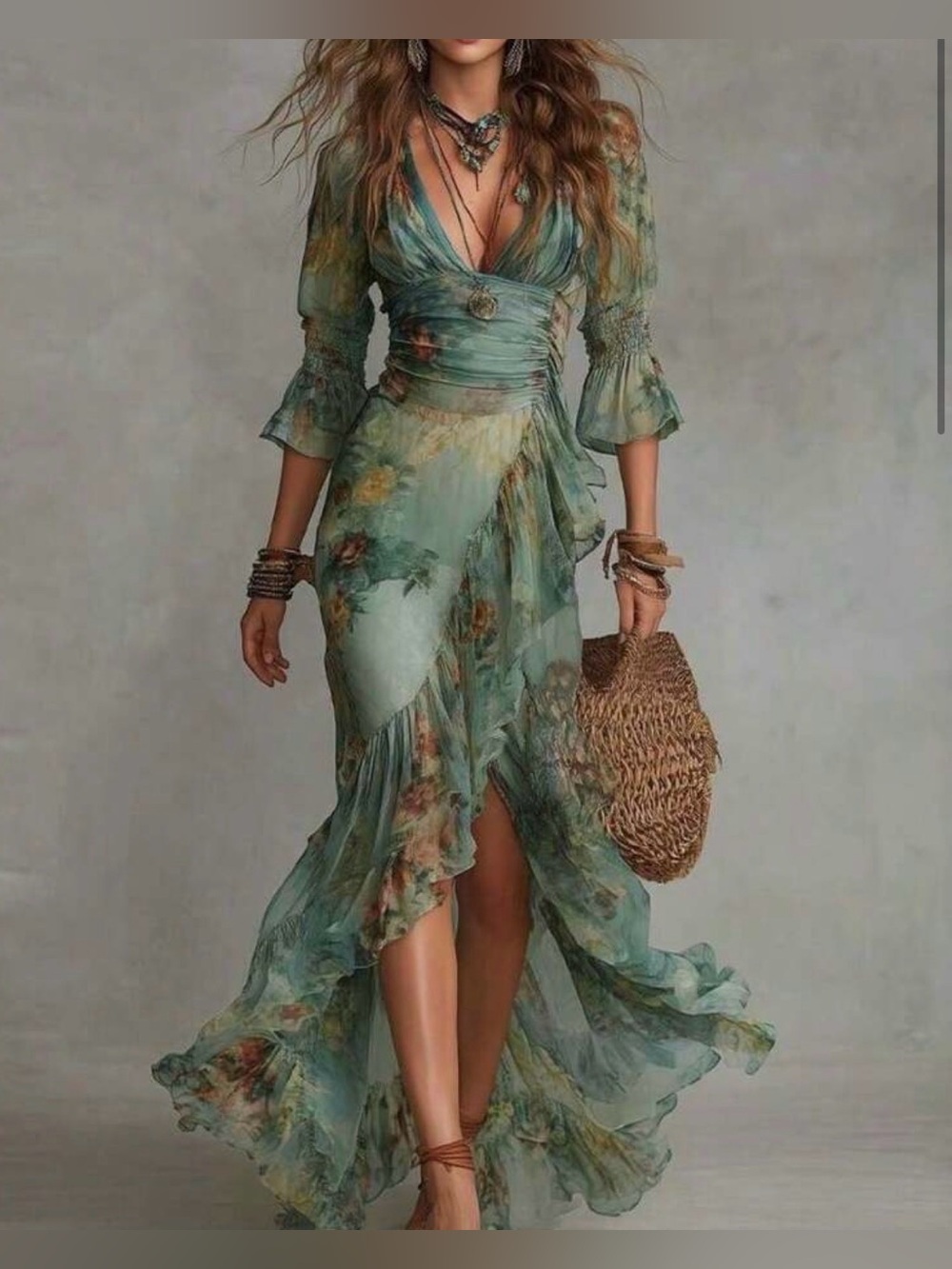 Bohemian Green Floral Wrap Ruffle Maxi Dress